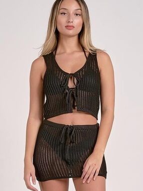 Elan Black Crochet Tie-Front Swim Coverup Set
